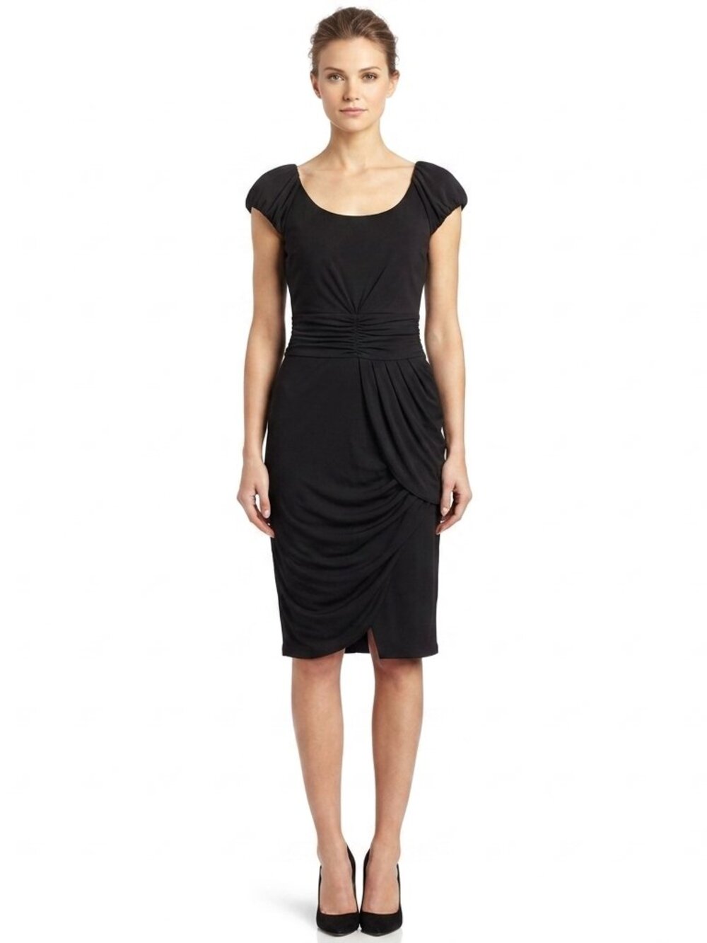 Black Halo Cap Sleeve Stretch Drape Front Cocktail Dress- Sz. Sm